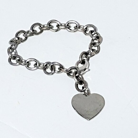 Silver Heart Charm Bracelet Chain Links Lobster Claw Clasp 8" - Picture 1 of 1